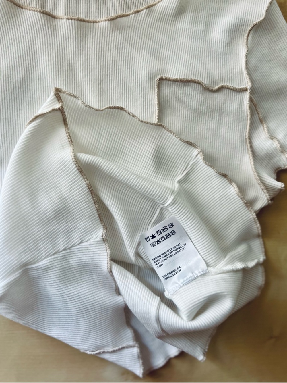 Reformation Cream Ribbed Lettuce-Edge Short Sleeve Tee with Exposed Seams - Picture 6 of 6